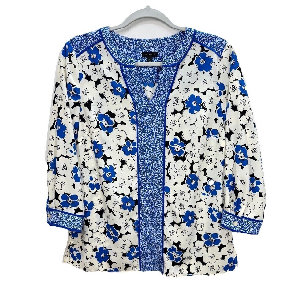 Talbots Floral 3/4 Sleeve Top Womens Small Blue White Notch Neck Popover Preppy